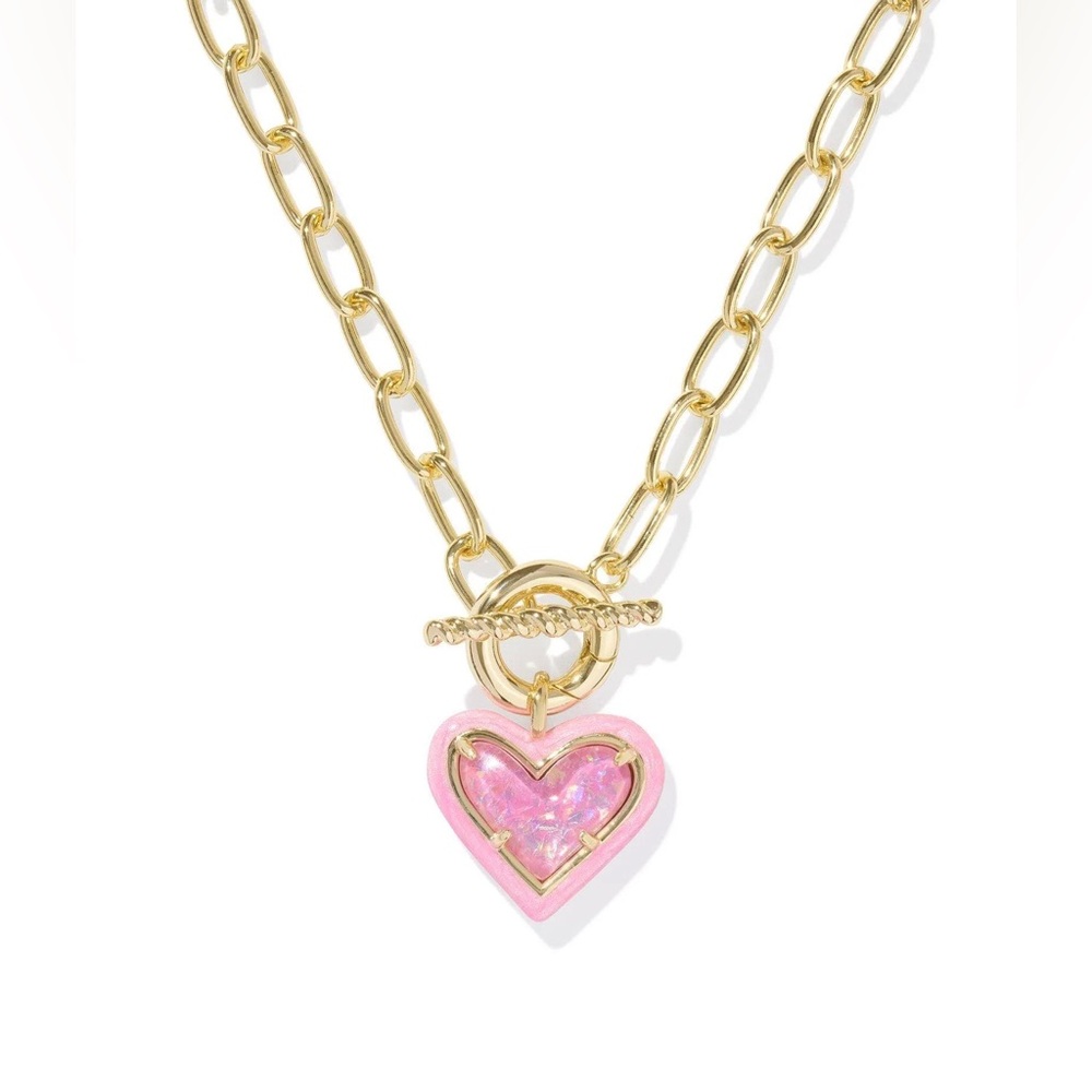 Kendra Scott Ari Heart Enamel Frame Link and Chain Necklace in Pink Iridescent